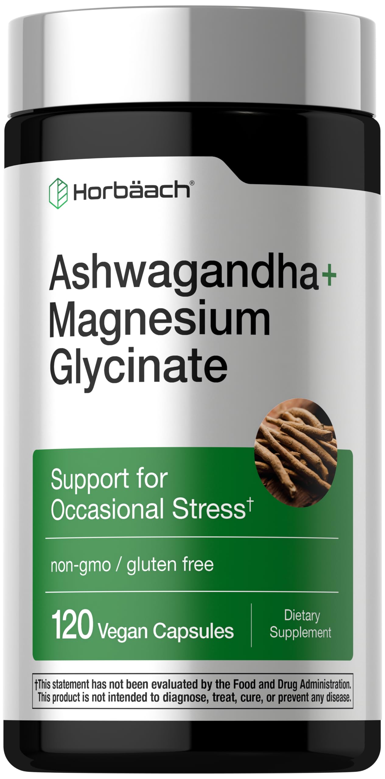 Horbäach Ashwagandha y Magnesio glicinato: cápsulas en bote para apoyo al manejo del estrés.