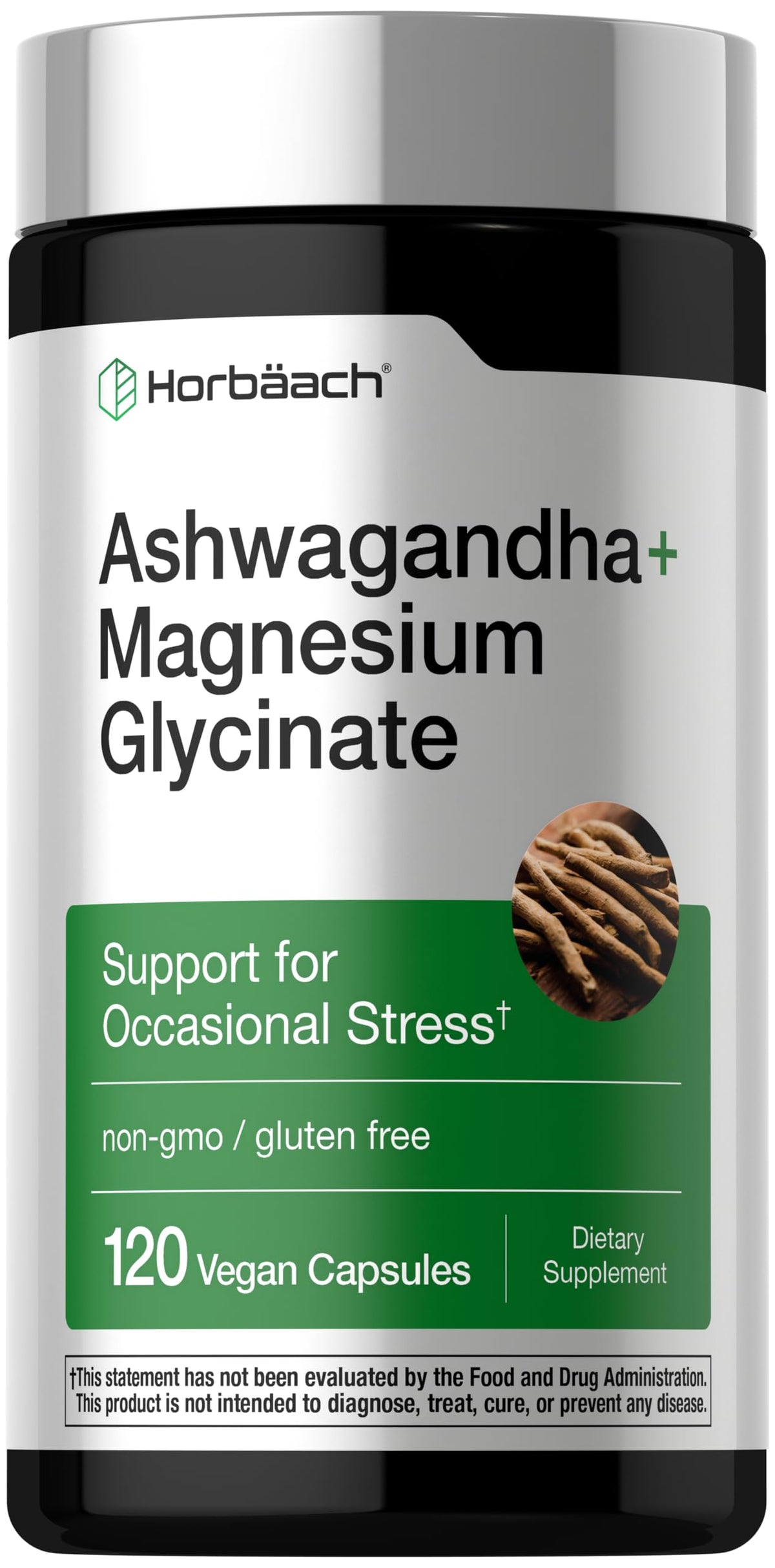 Horbäach Ashwagandha y Magnesio glicinato: cápsulas en bote para apoyo al manejo del estrés.