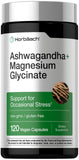 Horbäach Ashwagandha y Magnesio glicinato: cápsulas en bote para apoyo al manejo del estrés.