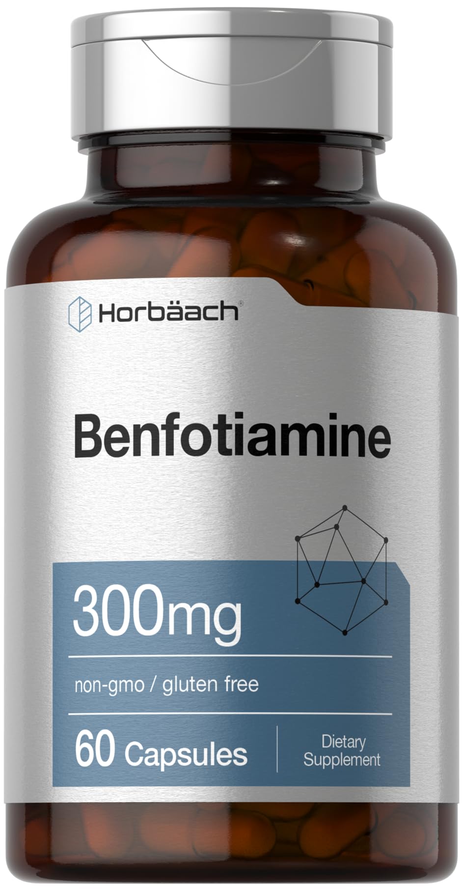 Horbaach Benfotiamina 300 mg: cápsulas en caja para uso diario.