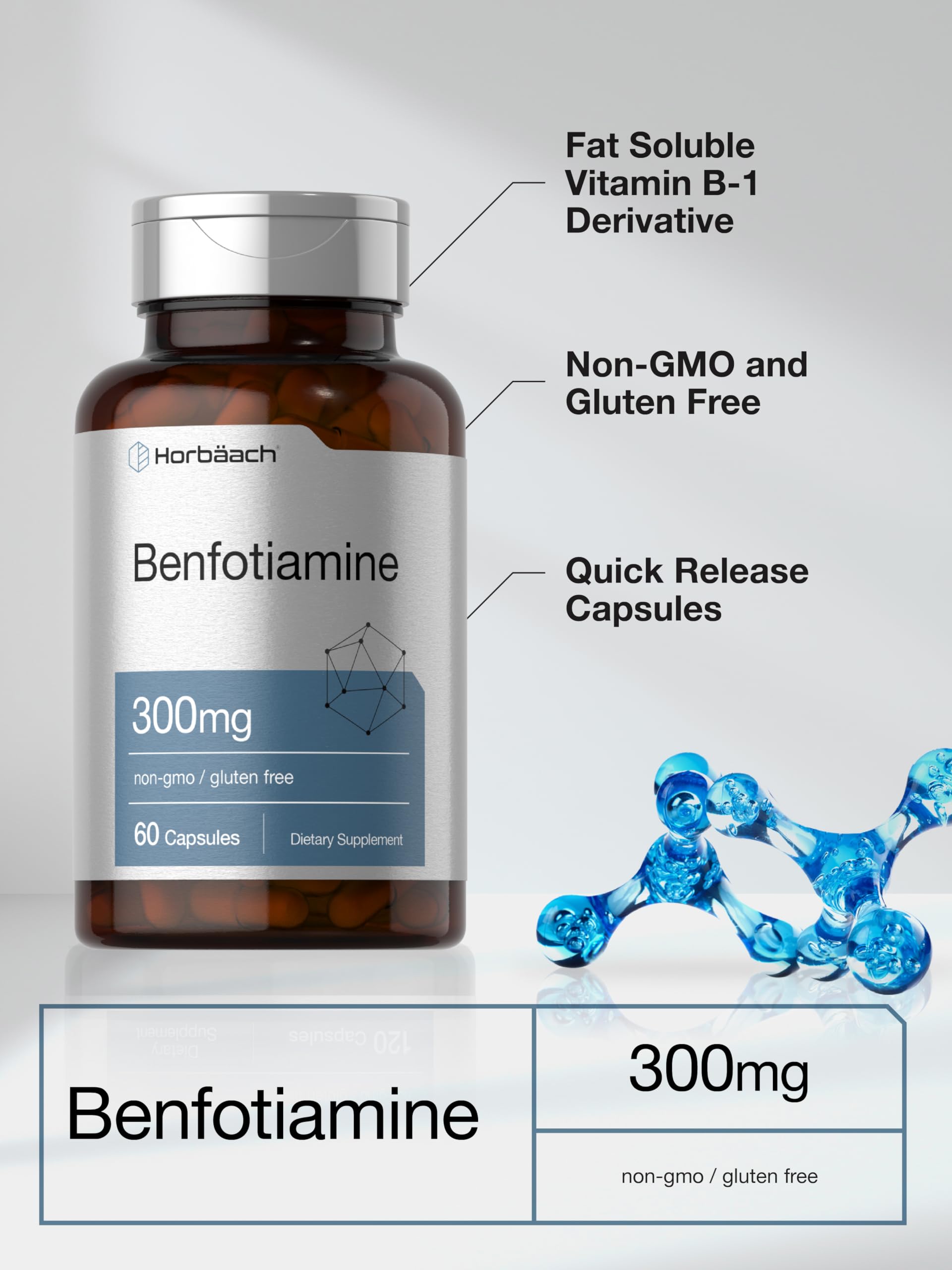 Etiqueta de Horbaach Benfotiamina 300 mg indica ingredientes claros.