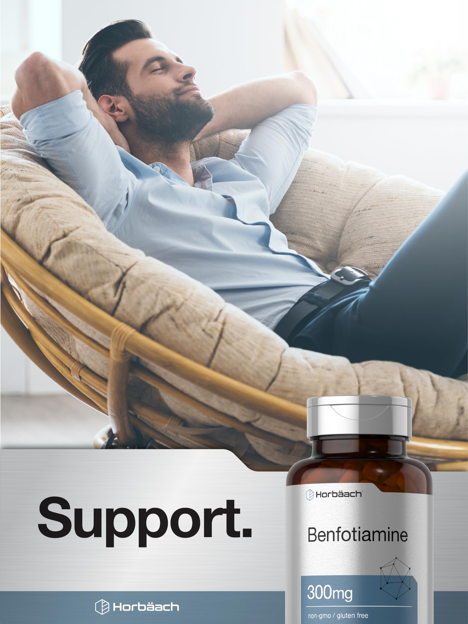 Presentación de 60 cápsulas de Horbaach Benfotiamina 300 mg.