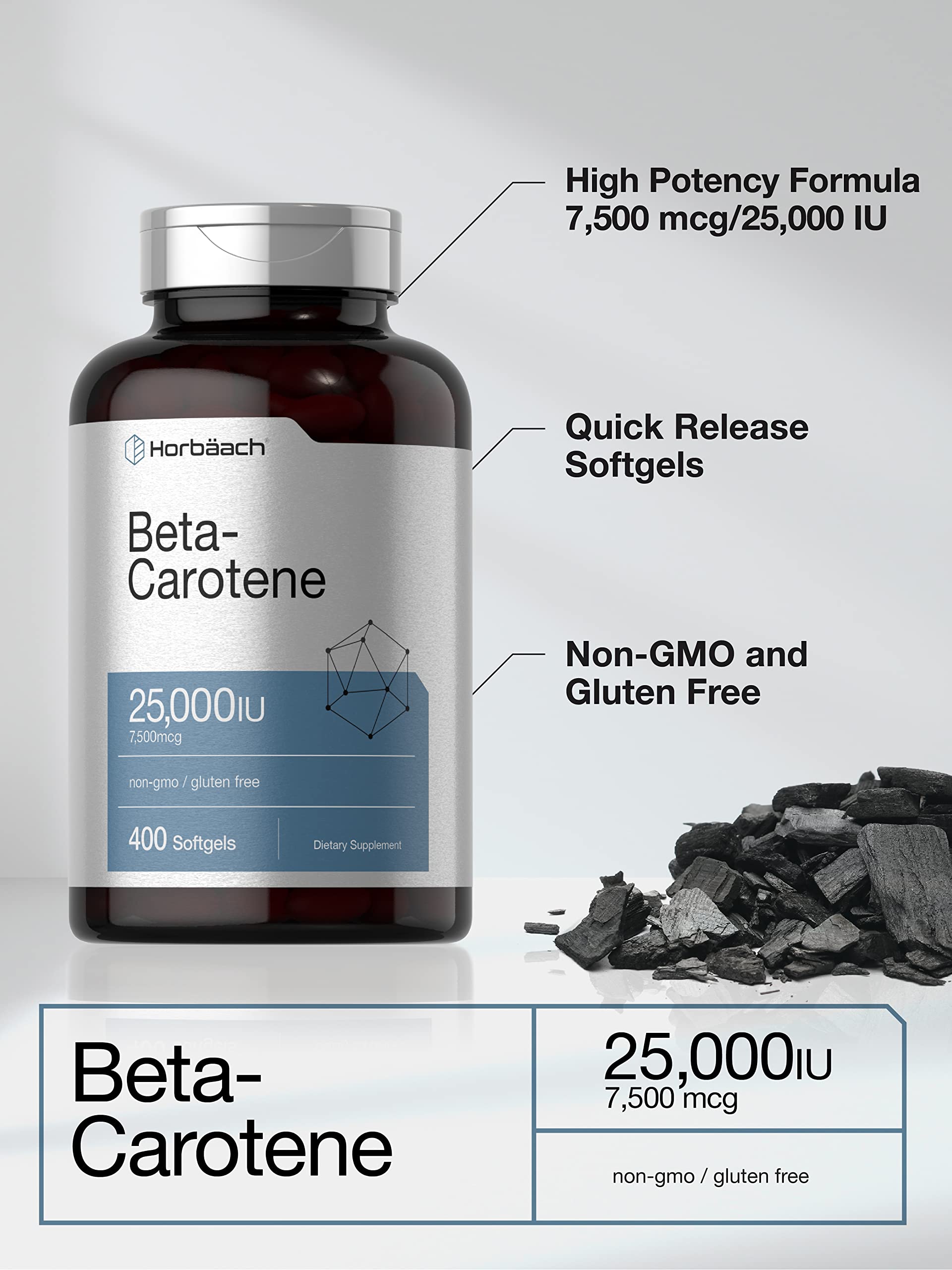 Frasco de Horbäach Beta Carotene con 400 cápsulas para uso prolongado.