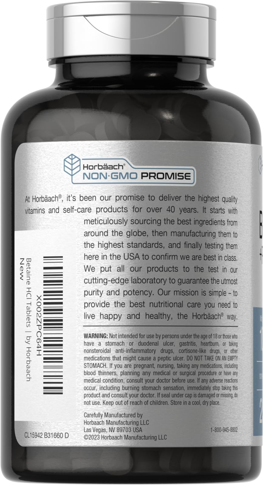 Horbaach Betaína HCl con Pepsina, envase, apoyo suave a la digestión tras las comidas