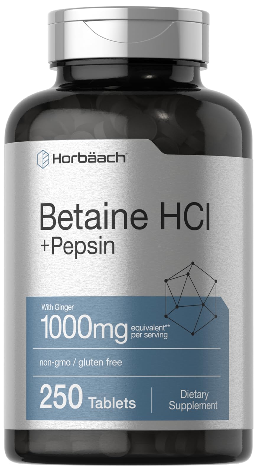 Horbaach Betaína HCl con Pepsina, frente al envase, posible apoyo digestivo tras la comida
