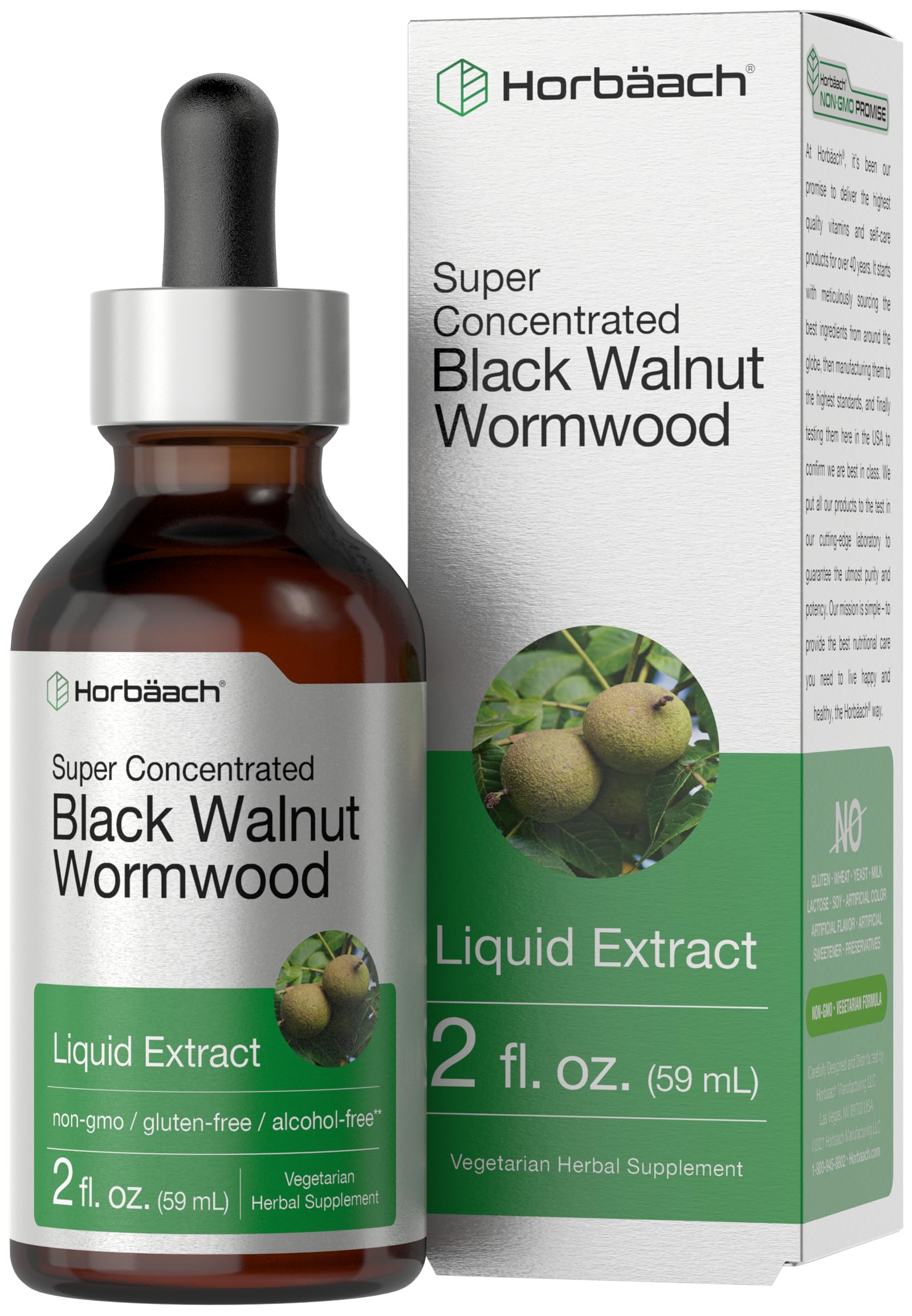 Horbäach: botella de extracto de nogal negro y ajenjo con antioxidantes para uso diario