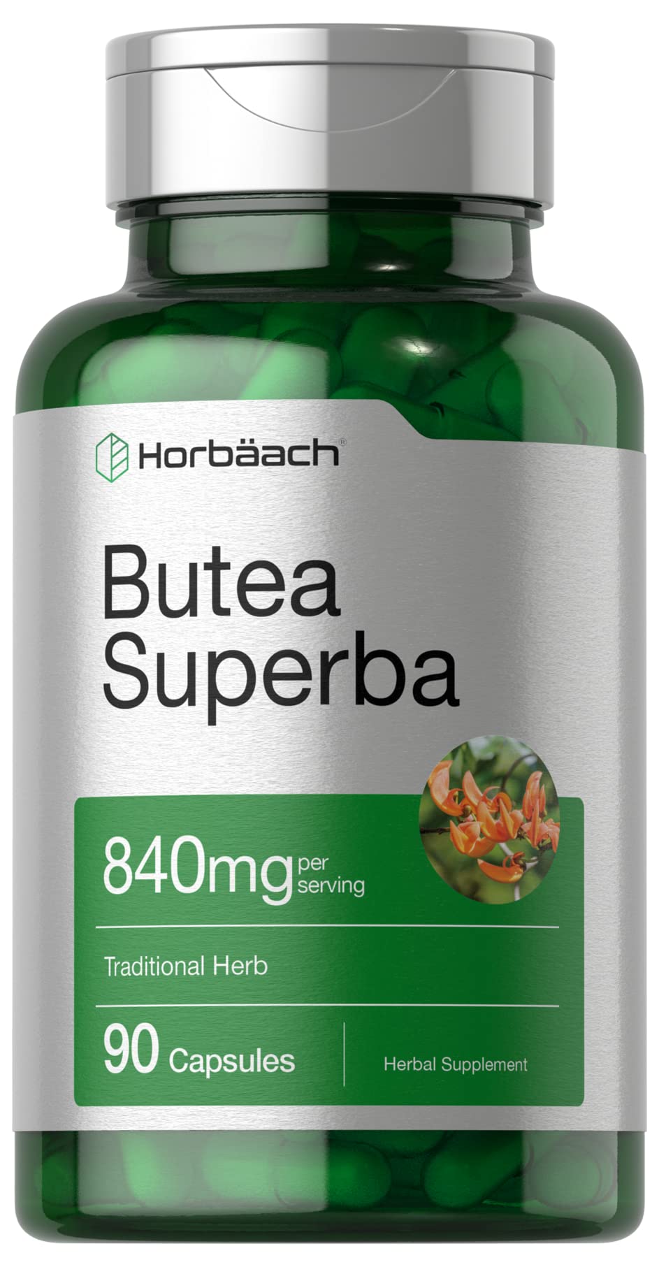 Horbäach Butea Superba 840 mg cápsulas, frasco visible para consumo diario