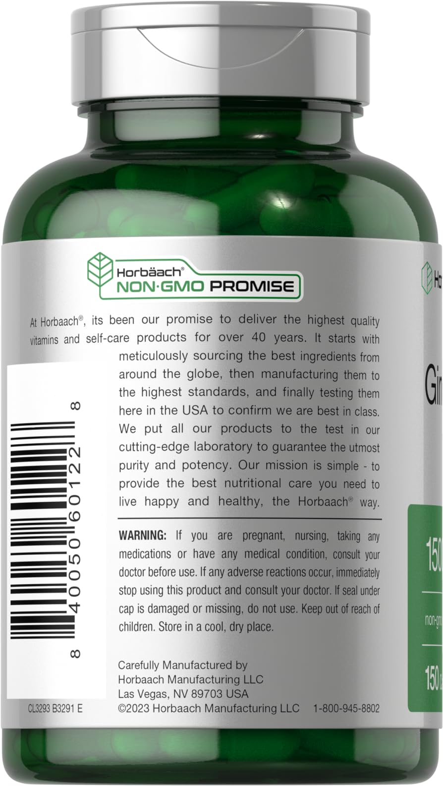Horbäach cápsulas de jengibre, caja del producto en estante para consulta rápida.