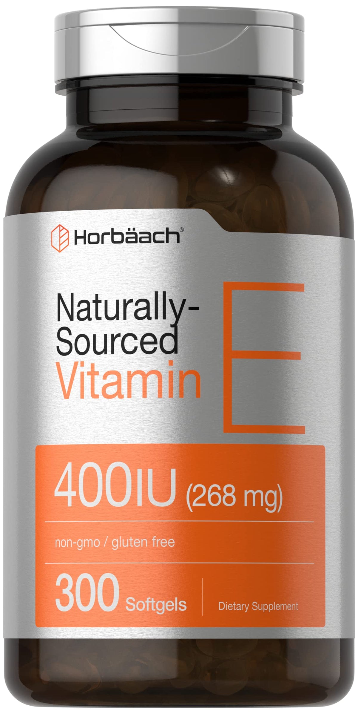 Horbaach Vitamina E: cápsulas softgel y frasco para uso diario en casa.