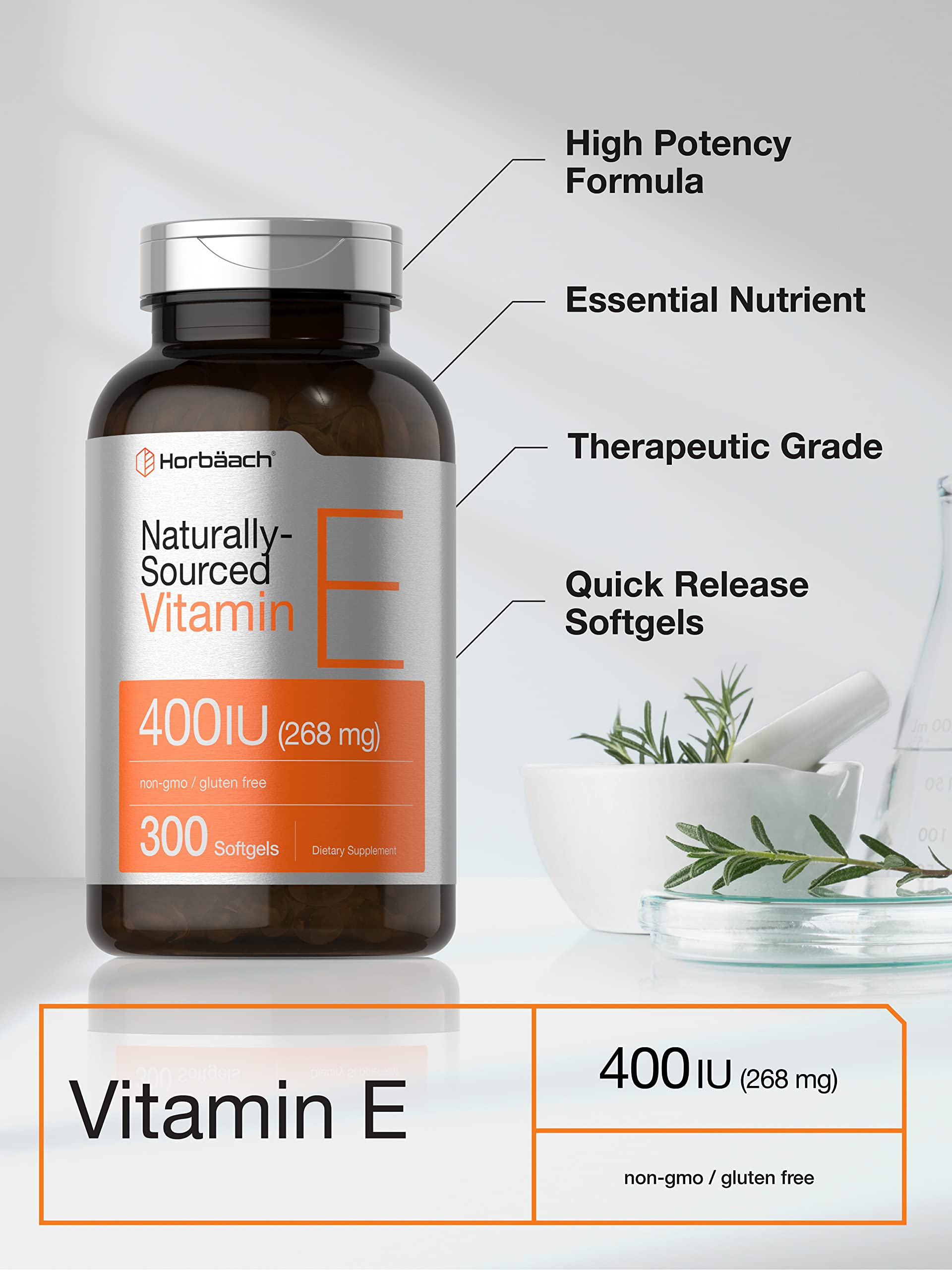 Horbaach Vitamina E: frasco de 268 mg por cápsula para potencia diaria.