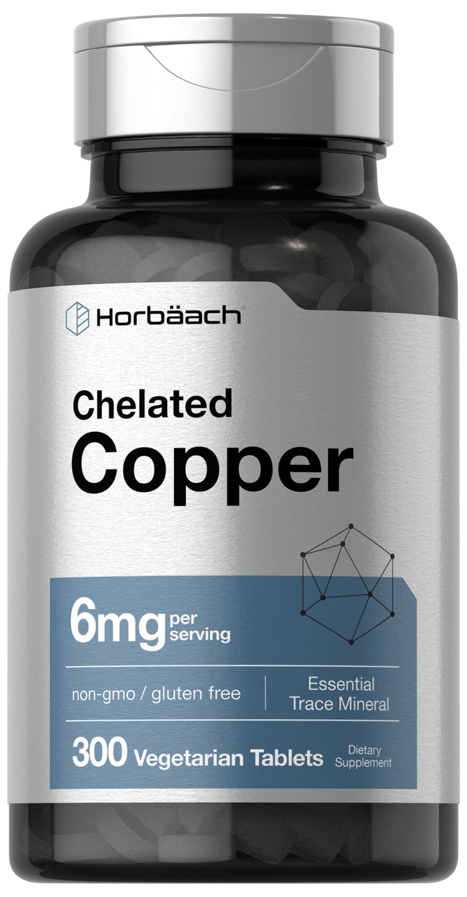 Horbäach Cobre Quelado en botella de 300 tabletas para uso diario.