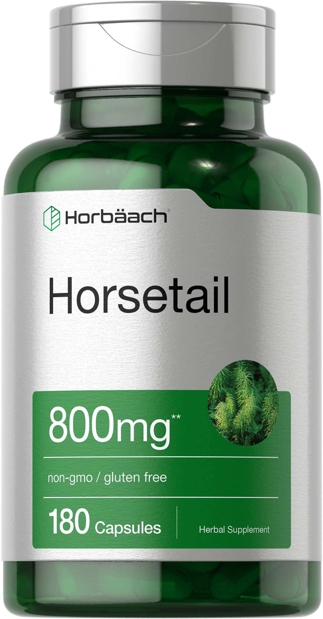 Horbäach cola de caballo cápsulas frente al bote, fuente natural de sílice para el cuidado diario.