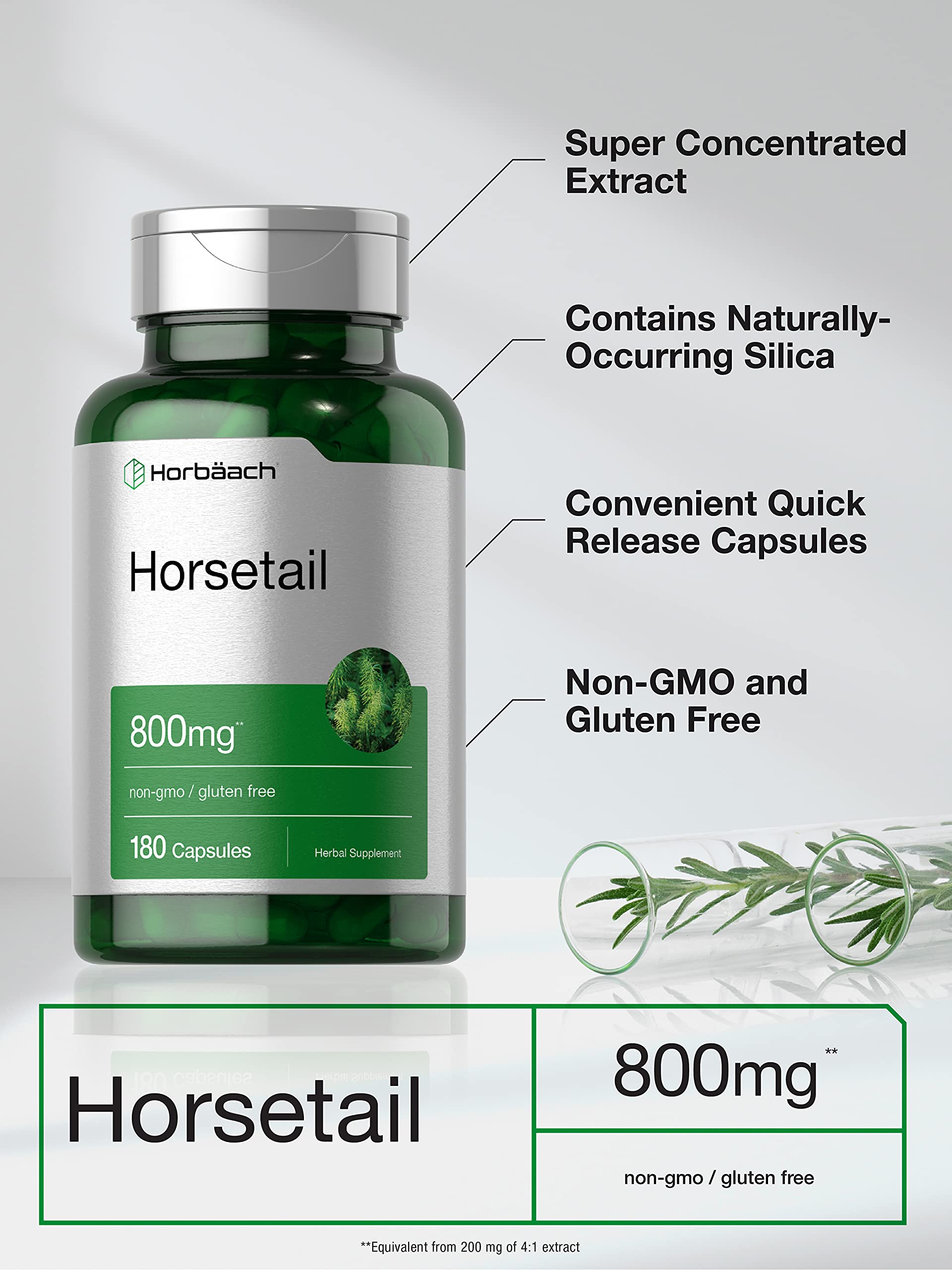 Horbäach cola de caballo cápsulas envase detalle, fórmula vegetariana sin gluten.