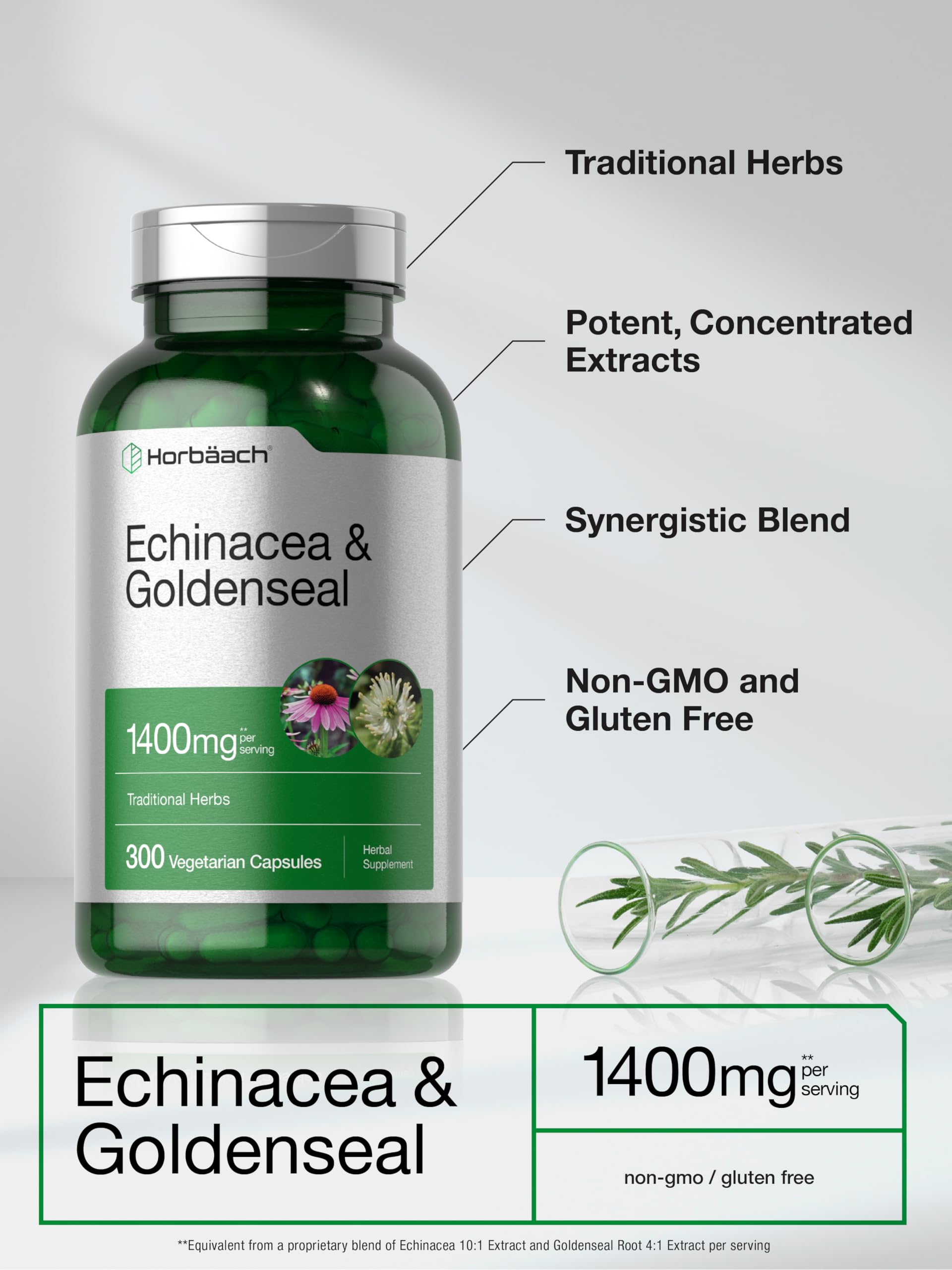 Fórmula tradicional de equinácea y goldenseal en cápsulas para facilitar la ingesta.
