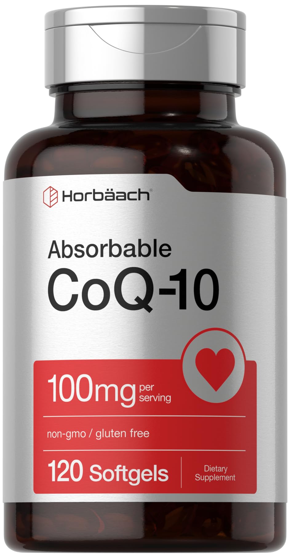 Horbaach CoQ10 100 mg, cápsulas blandas en botella de vidrio ámbar para frescura