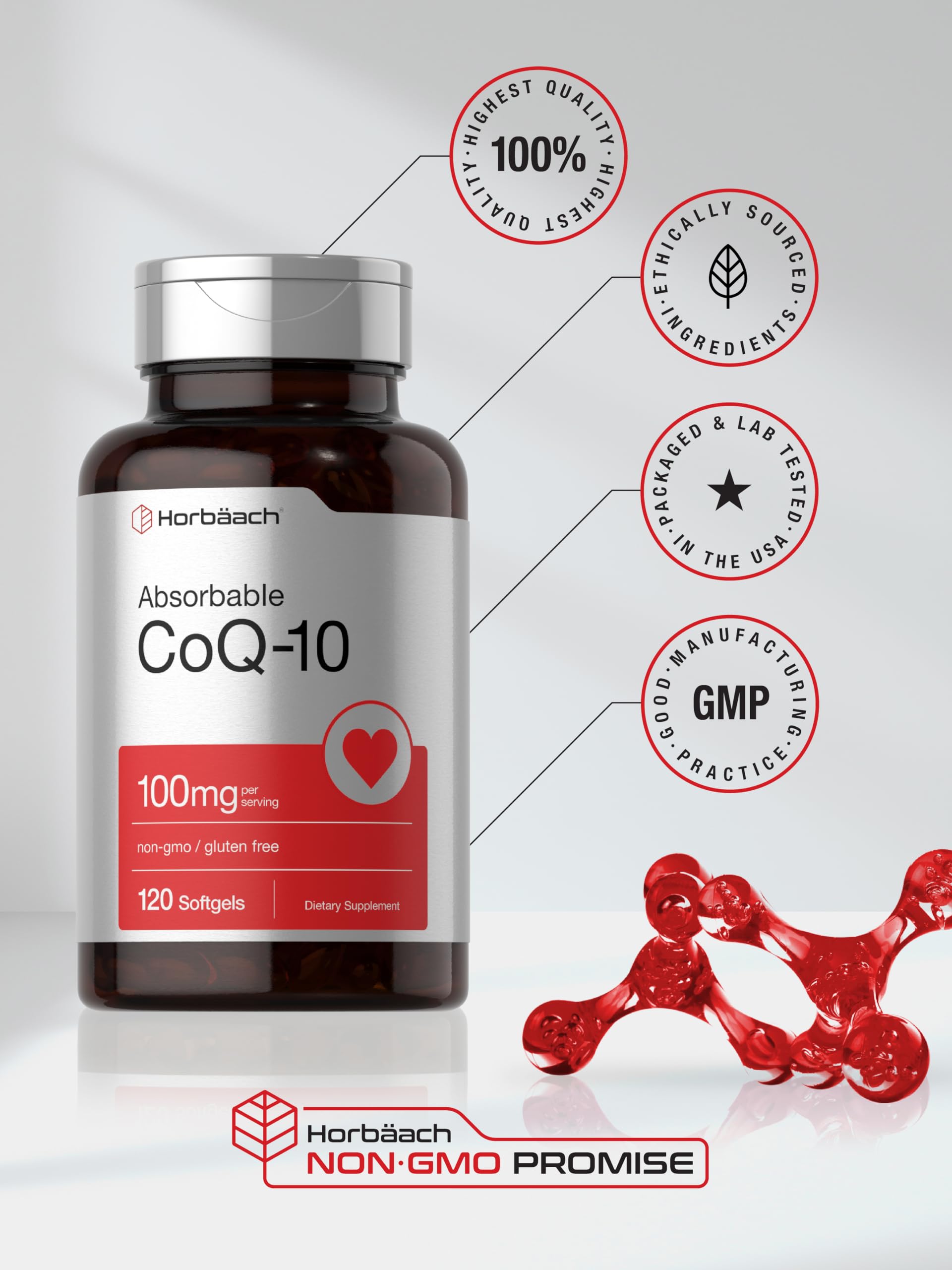 Envase externo Horbaach CoQ10 100 mg con información de pureza