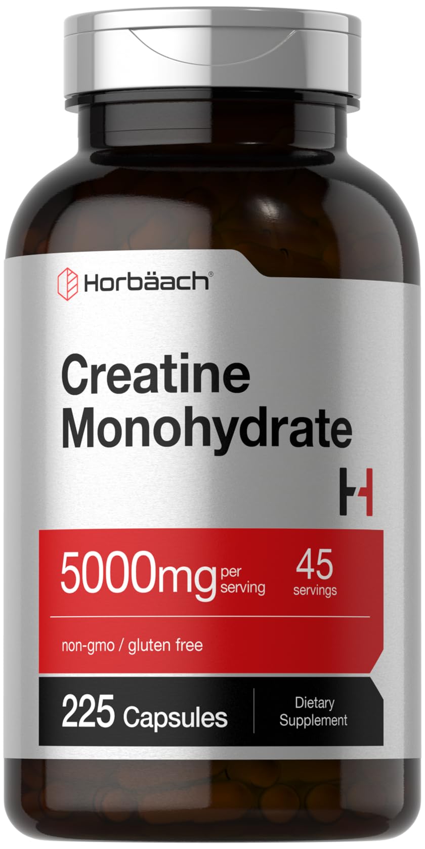 Frasco de Horbaach Creatina Monohidrato con cápsulas de liberación rápida para entrenamientos