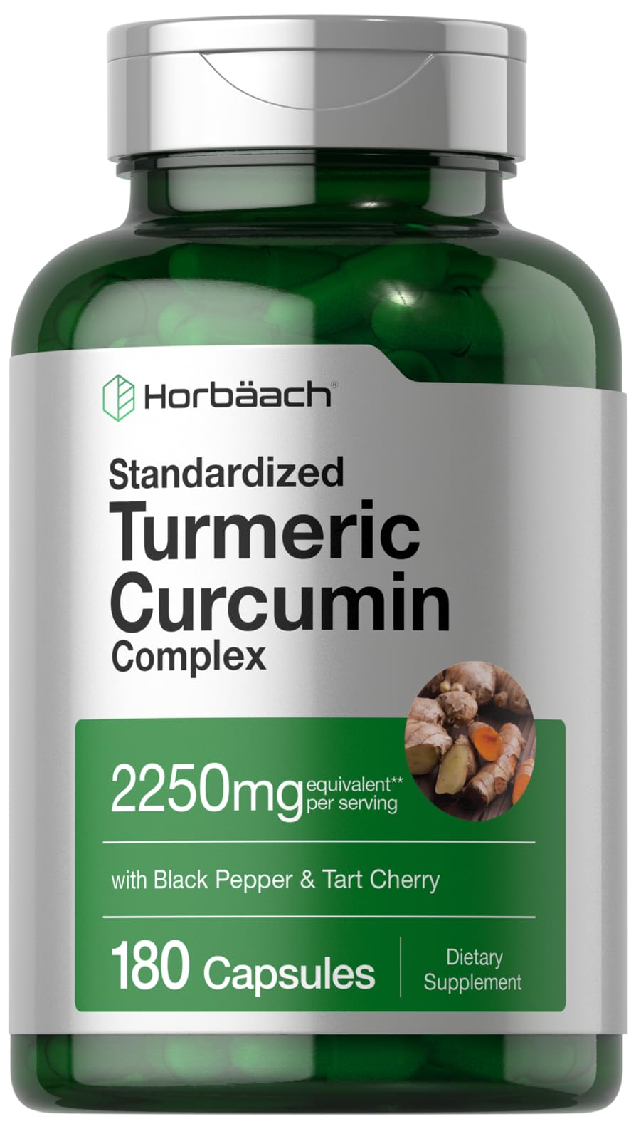 Horbäach Cúrcuma Curcumina: botella de 180 cápsulas para uso diario.