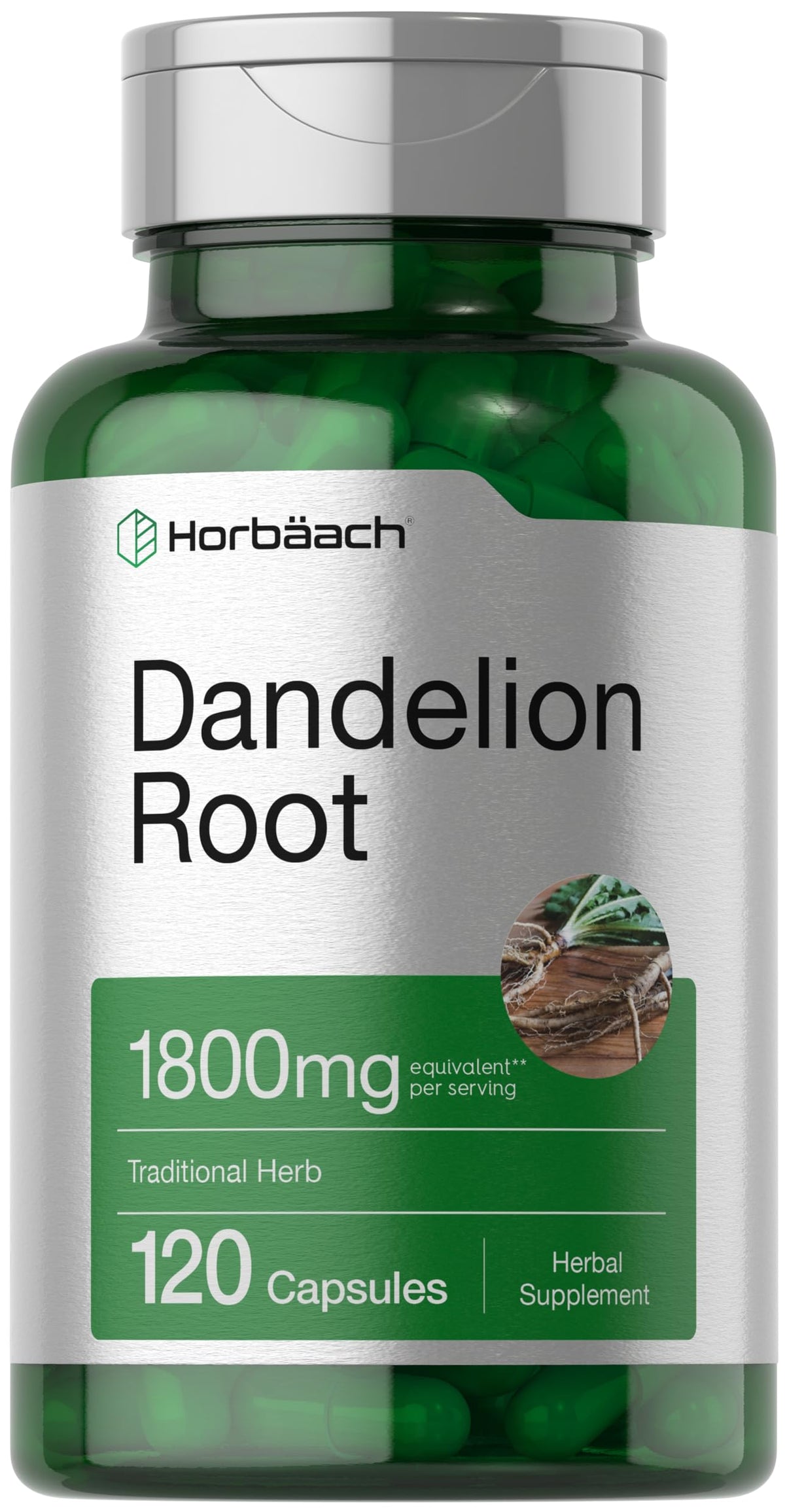 Horbäach Diente de León, cápsulas en botella para uso diario sin gluten.