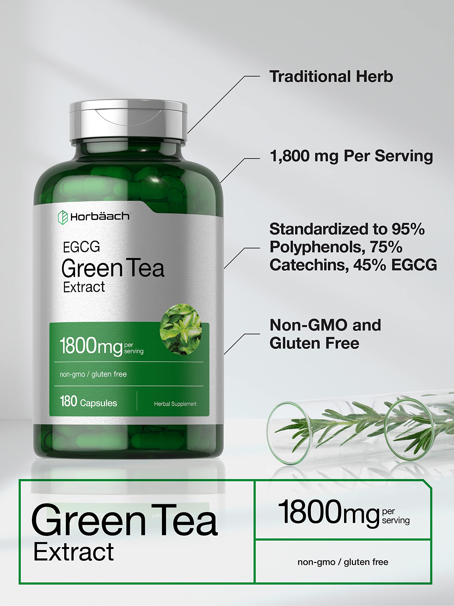 Frente de lata de Horbäach EGCG té verde, envase visible para comparar potencia y pureza.