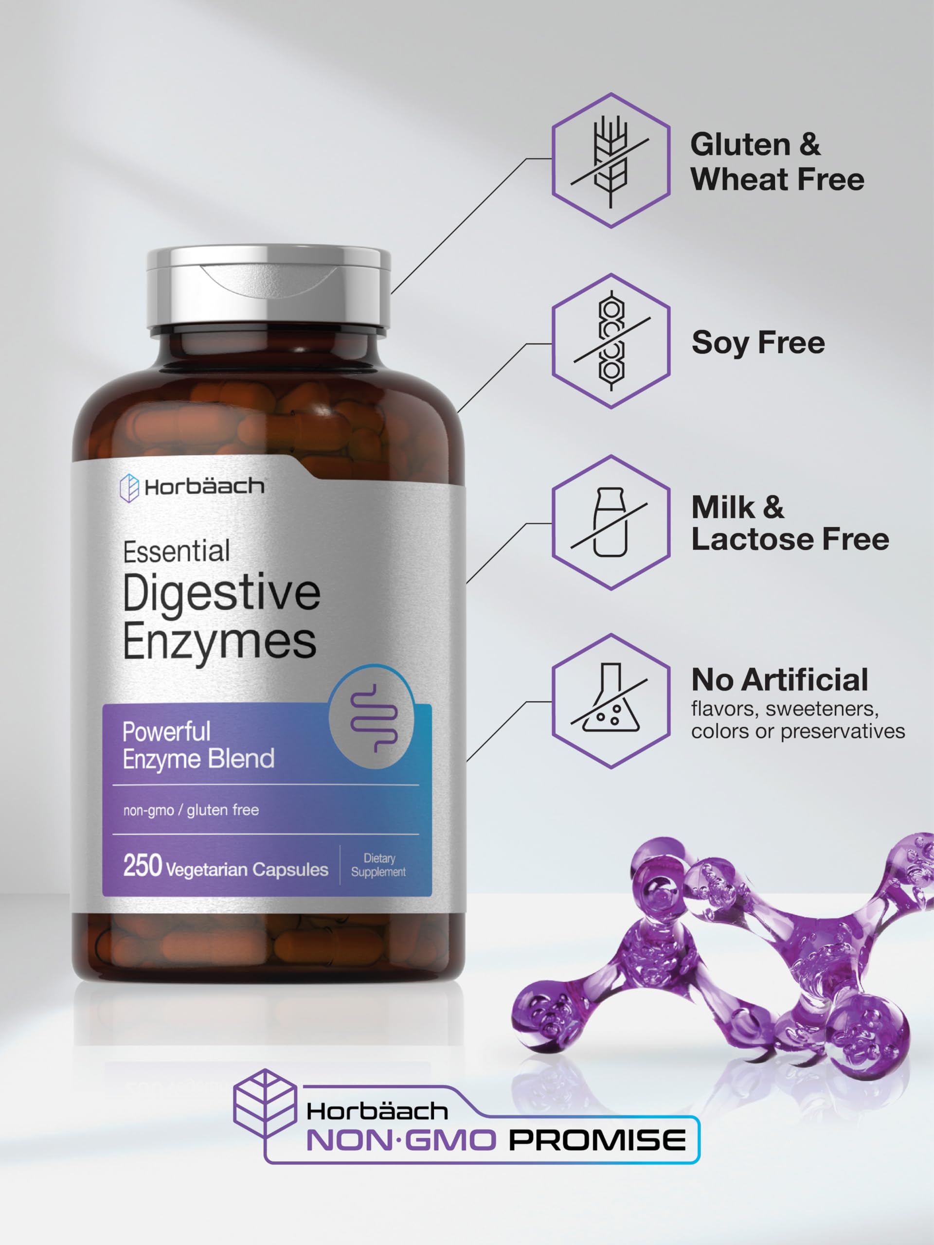 Horbäach Enzimas Digestivas Esenciales ingredientes de alta pureza en la etiqueta