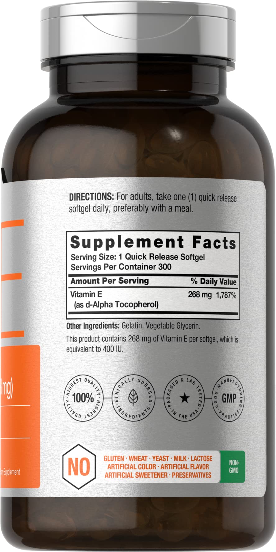 Horbaach Vitamina E: etiqueta clara con dosis de 400 UI por cápsula.
