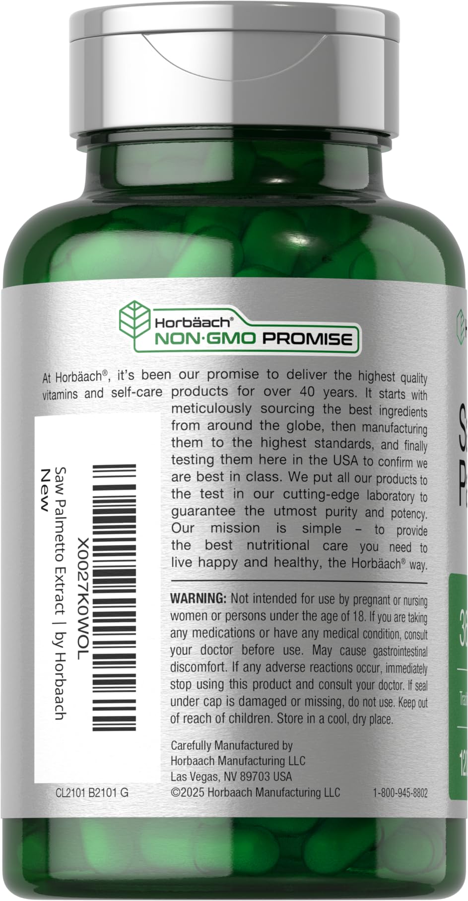 Horbäach Extracto Saw Palmetto, trasera, lista de ingredientes y calidad verificada.