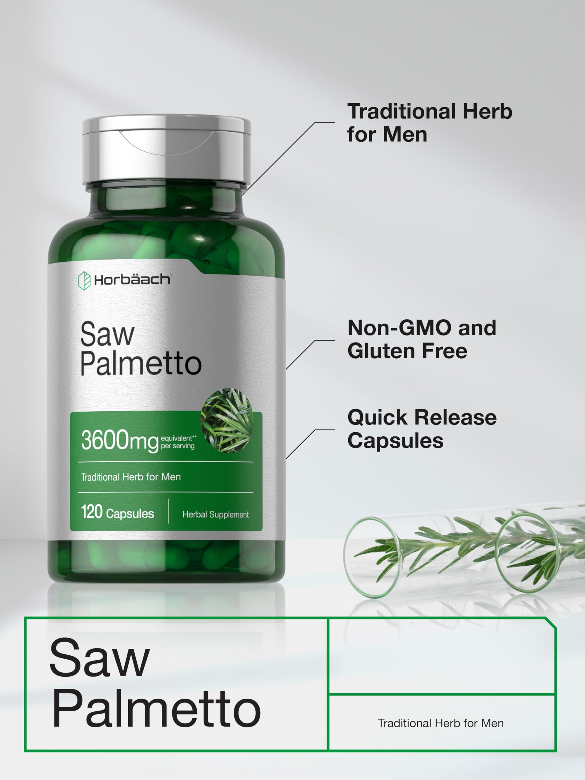 Horbäach Extracto Saw Palmetto, etiquetas claras, sin gluten y sin alérgenos comunes.