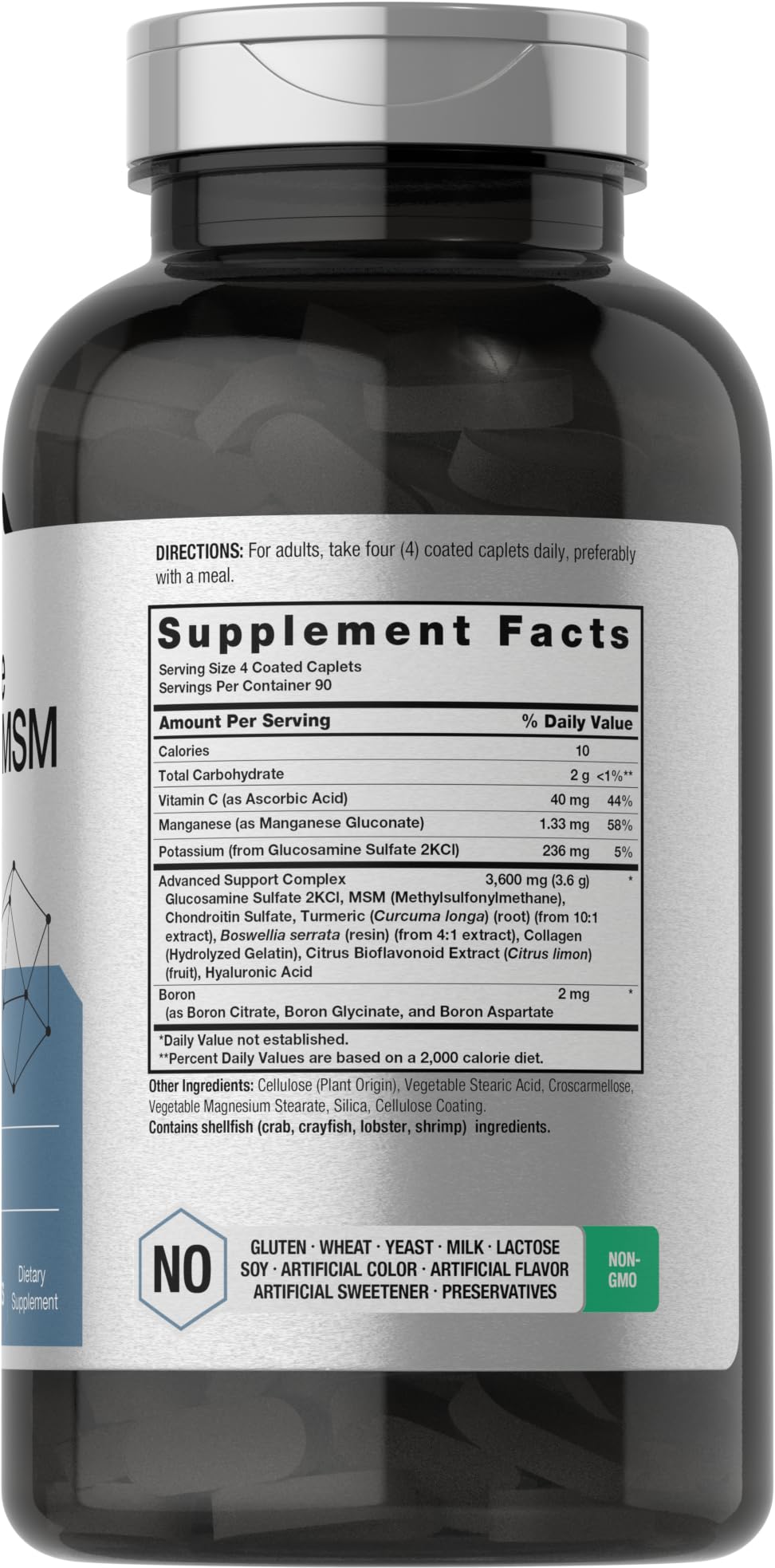 Horbäach Glucosamina Condroitina MSM, etiqueta: fórmula de alta calidad para articulaciones.