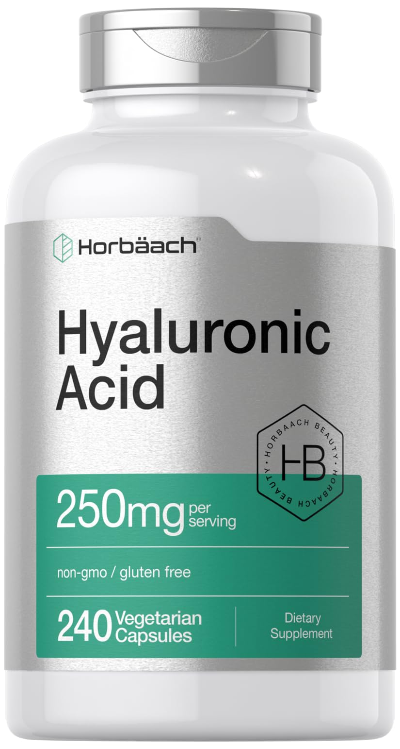 Horbäach ácido hialurónico, bote de cápsulas, apoyo para la hidratación diaria de la piel.