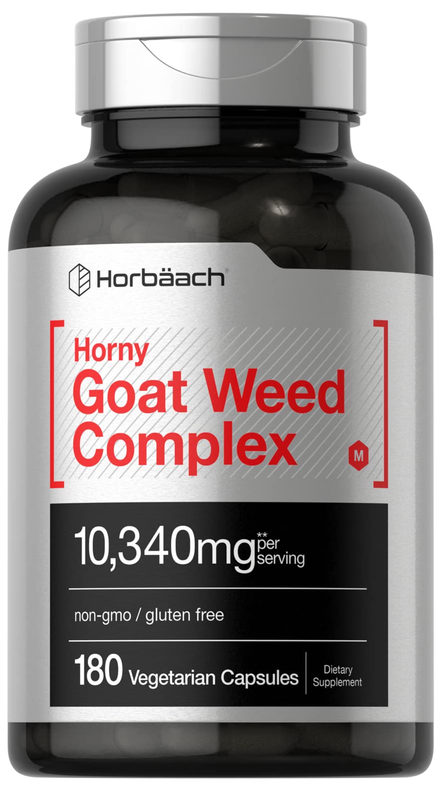 Horbaach Horny Goat Weed Complex - botella con cápsulas para apoyo herbal diario.