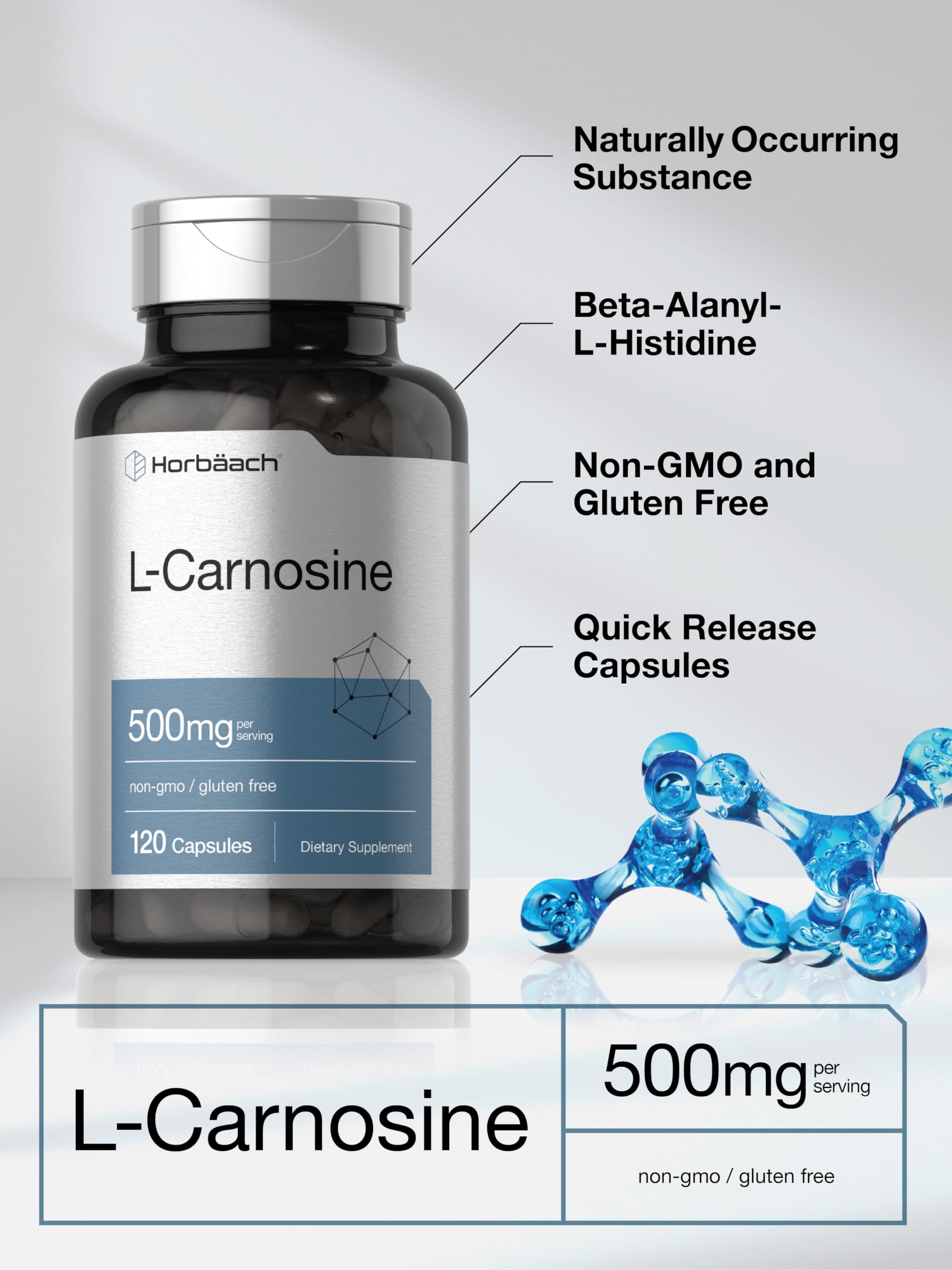 Cápsulas Horbaach L-Carnosina 500 mg en mano para uso diario