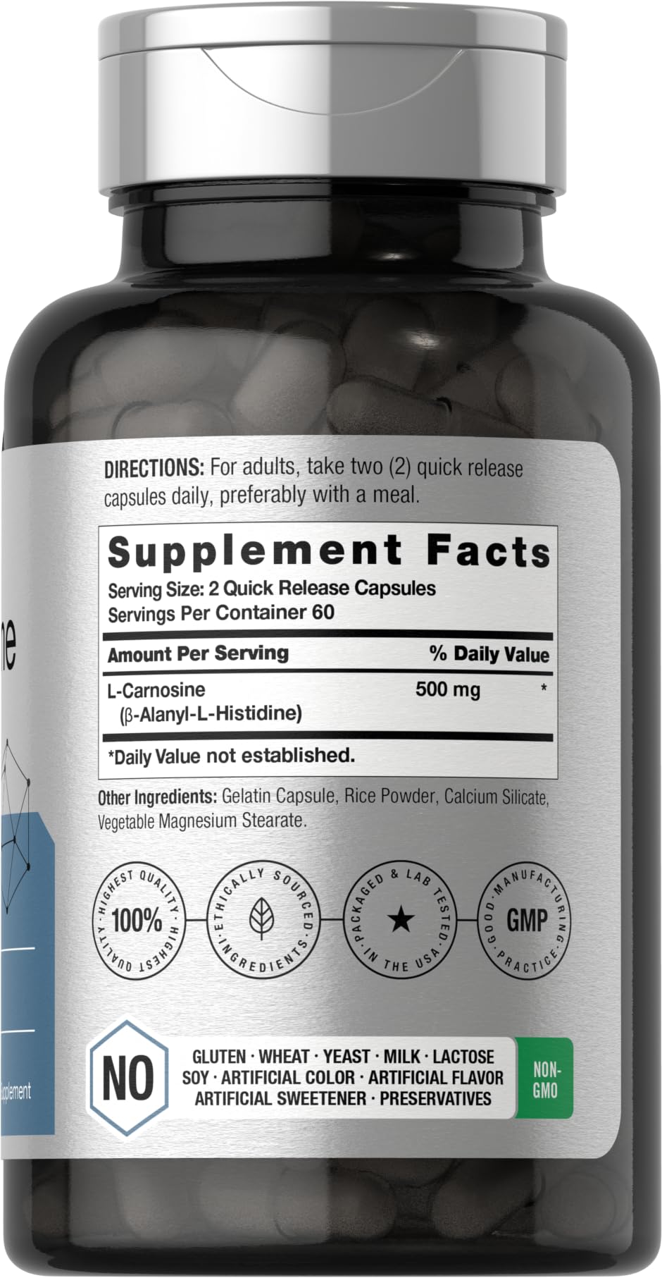 Horbäach L-Carnosina 500 mg primer plano de cápsulas con liberación rápida