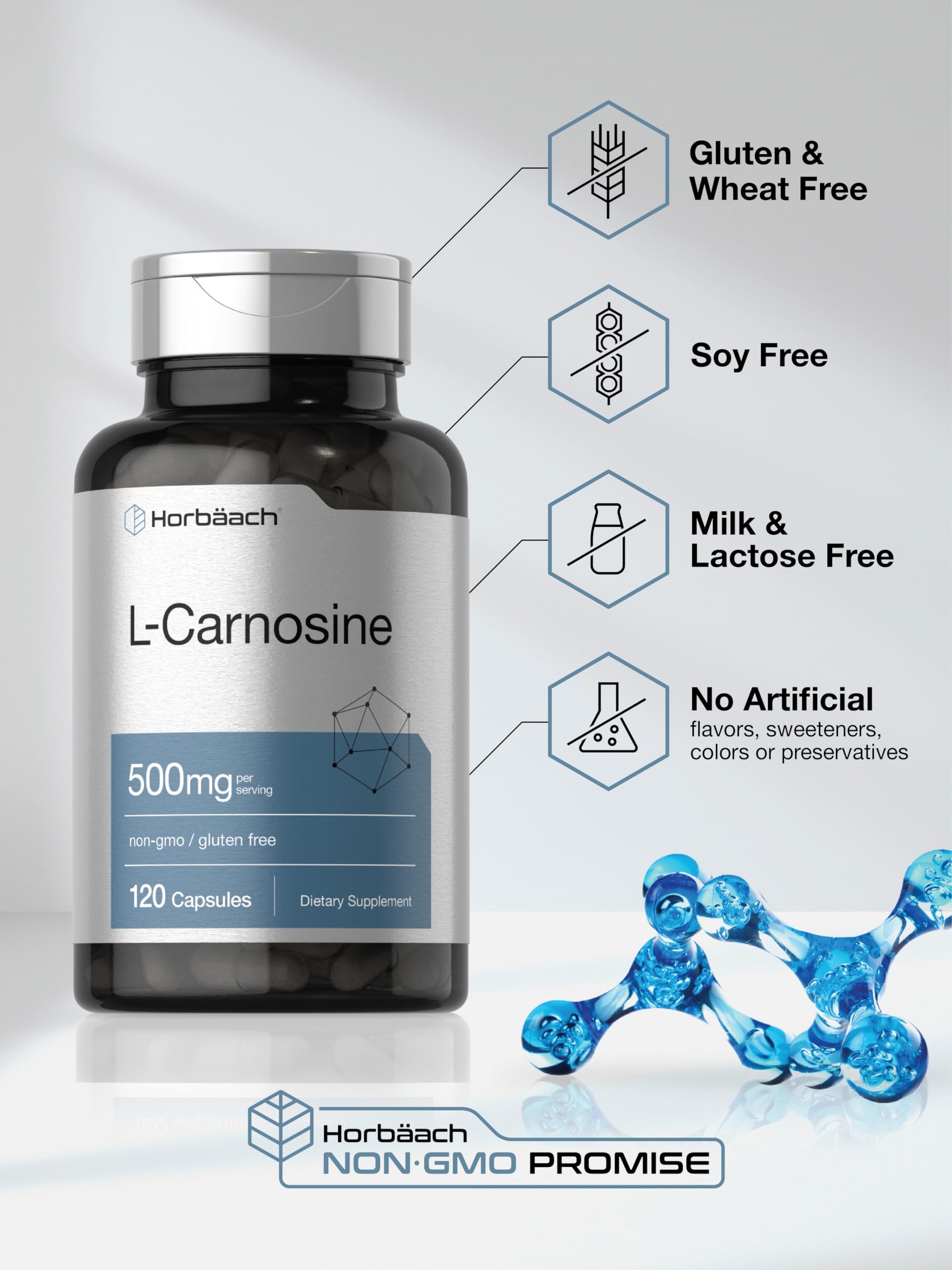 Empaque claro de Horbaach L-Carnosina 500 mg libre de gluten