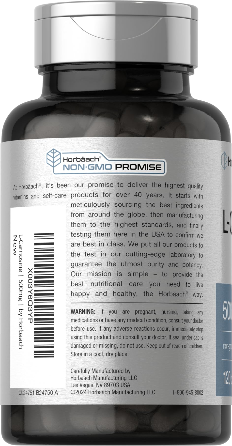 Etiqueta y empaque Horbaach L-Carnosina 500 mg para dietas sin gluten