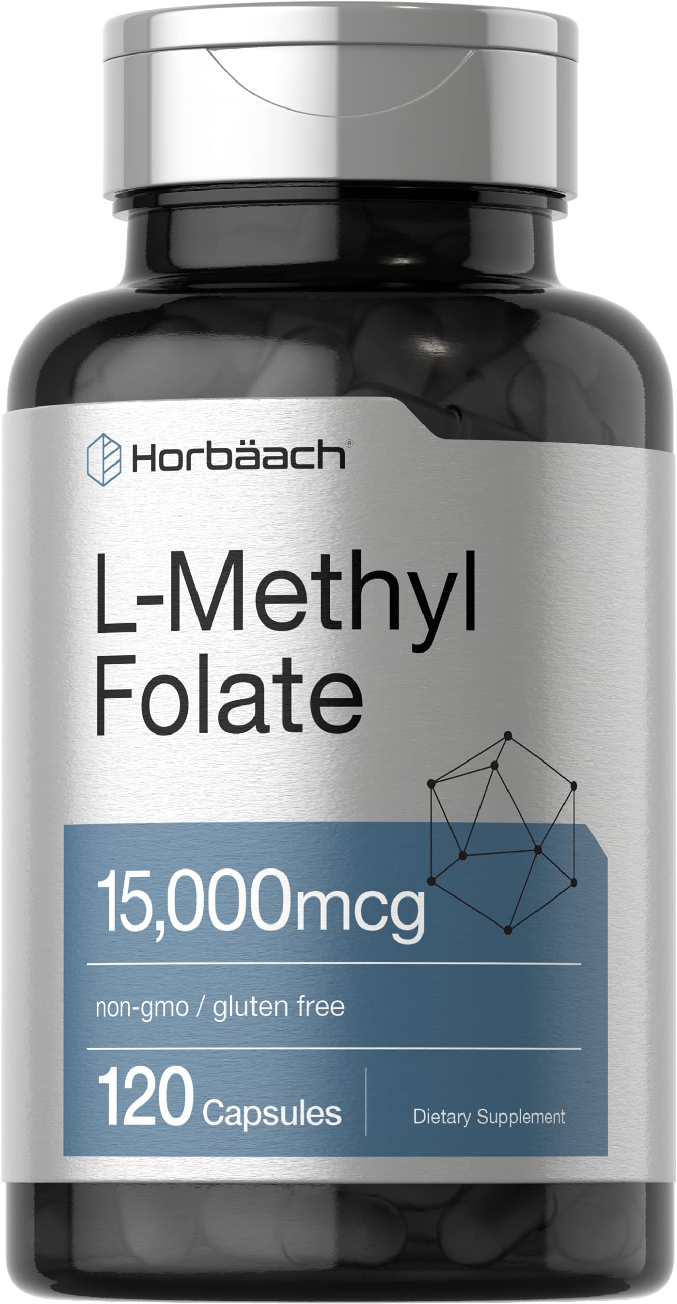 Horbäach L-Metilfolato: botella con cápsulas para uso diario.