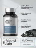 Horbäach L-Metilfolato: etiqueta clara con 15.000 mcg por porción.