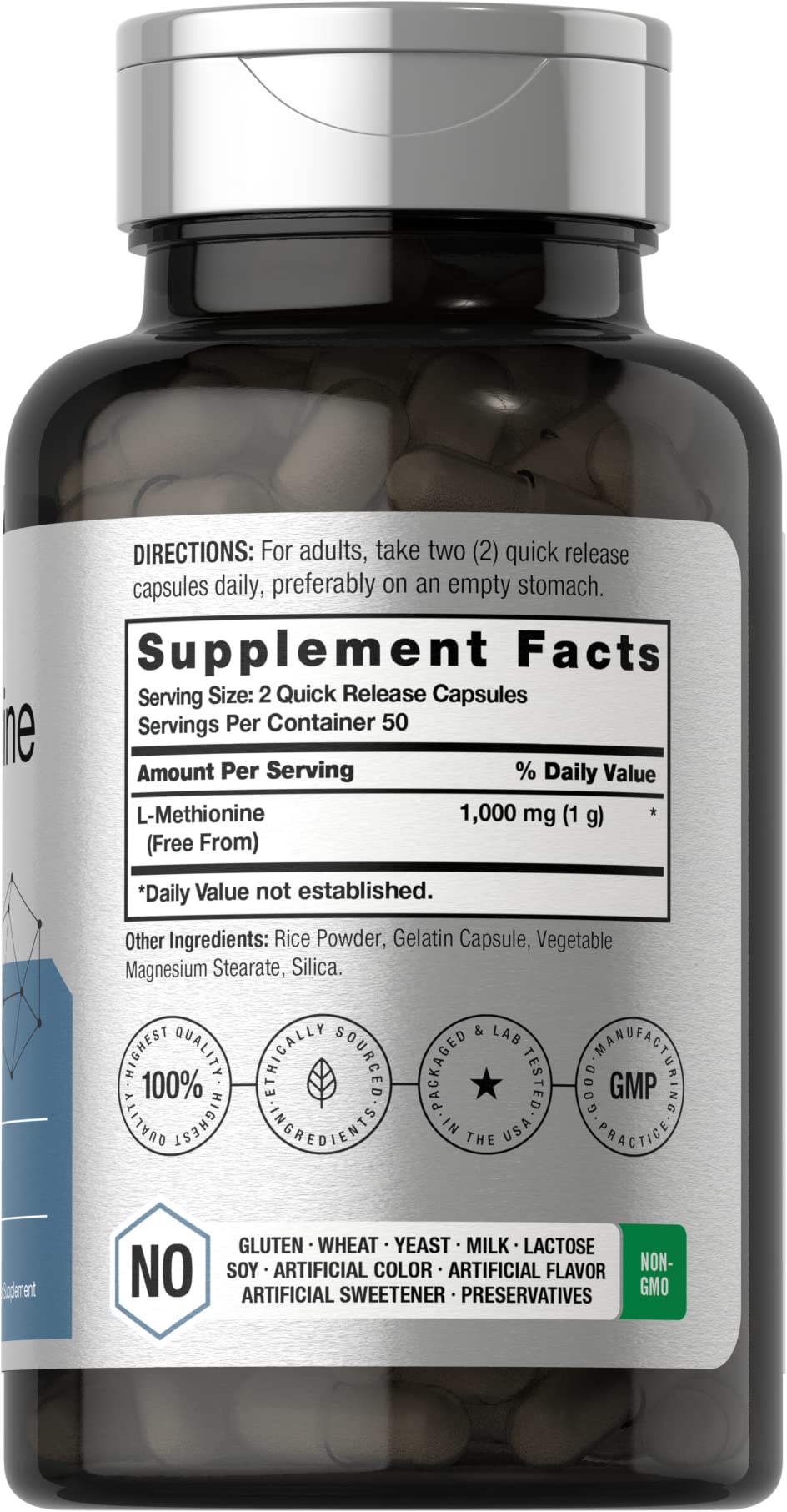 Horbäach L-metionina 1000 mg, bote de cápsulas para consumo diario.
