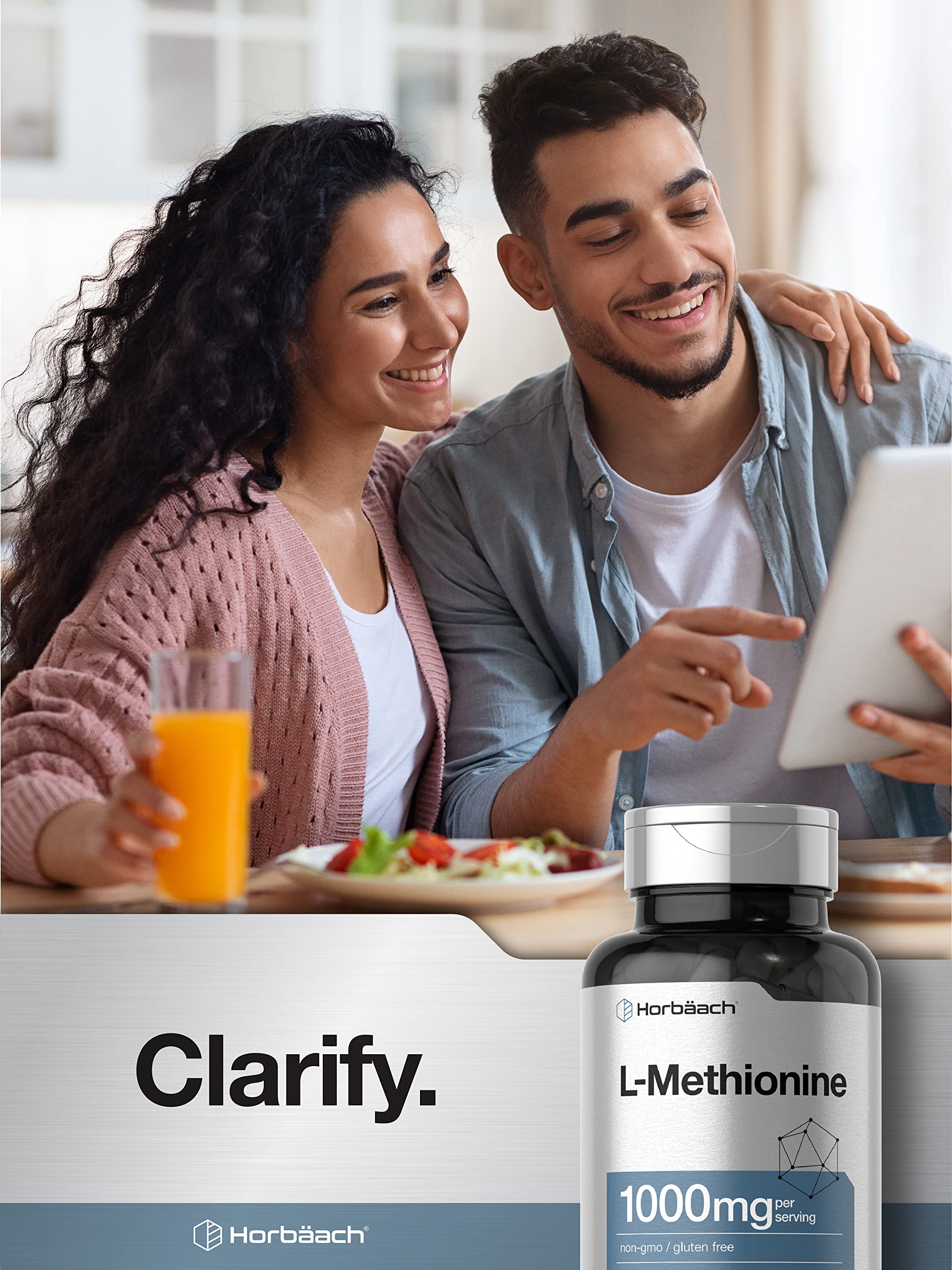 Horbäach L-metionina 1000 mg, forma libre para suplementación diaria.