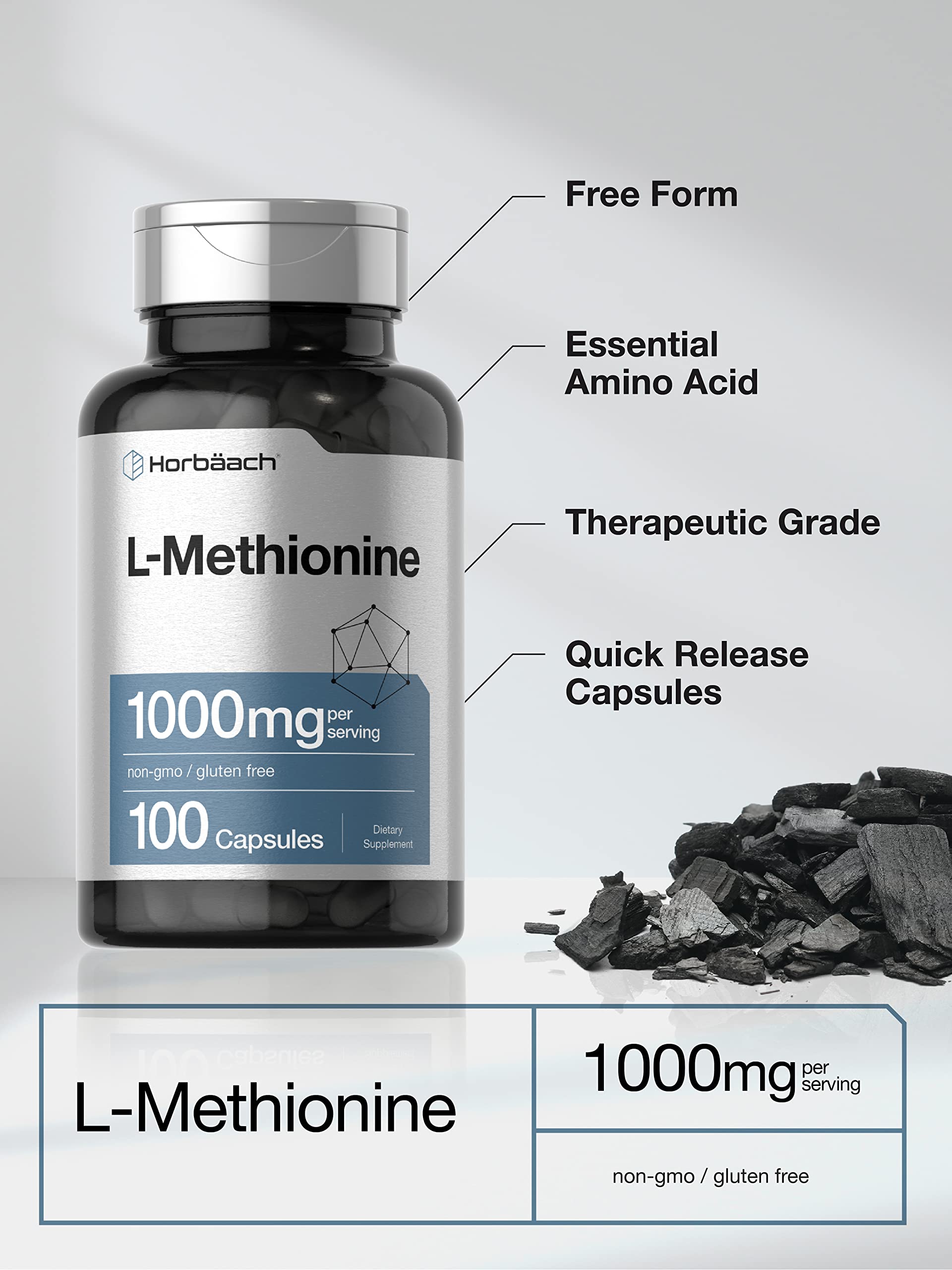 Horbäach L-metionina 1000 mg, libre de gluten para dietas sin gluten.