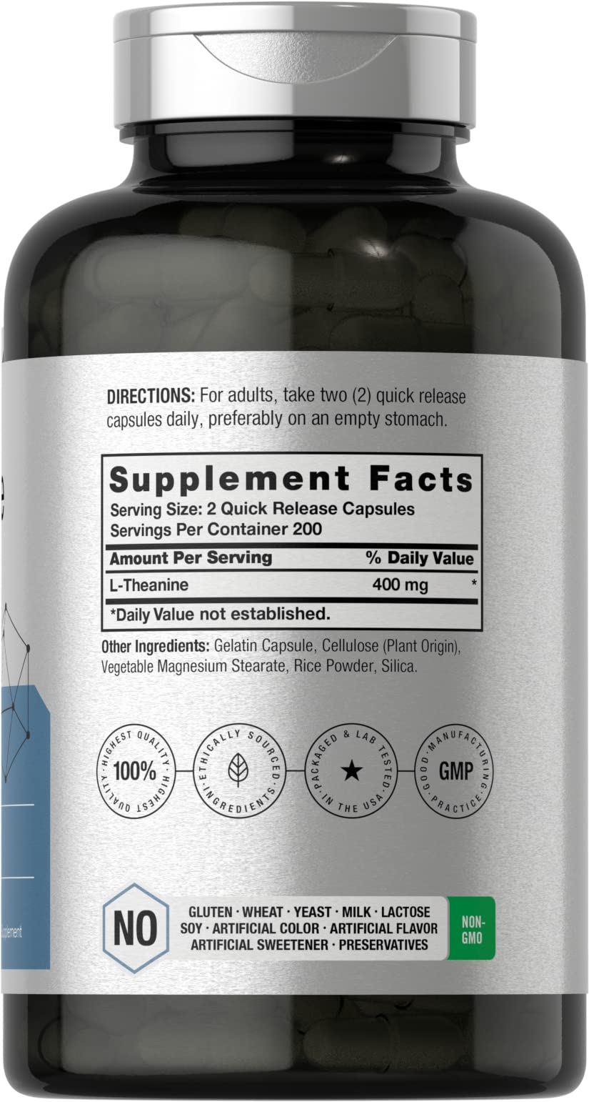Horbaach L-Teanina 400 mg, cápsulas, primer plano, calma suave y enfoque