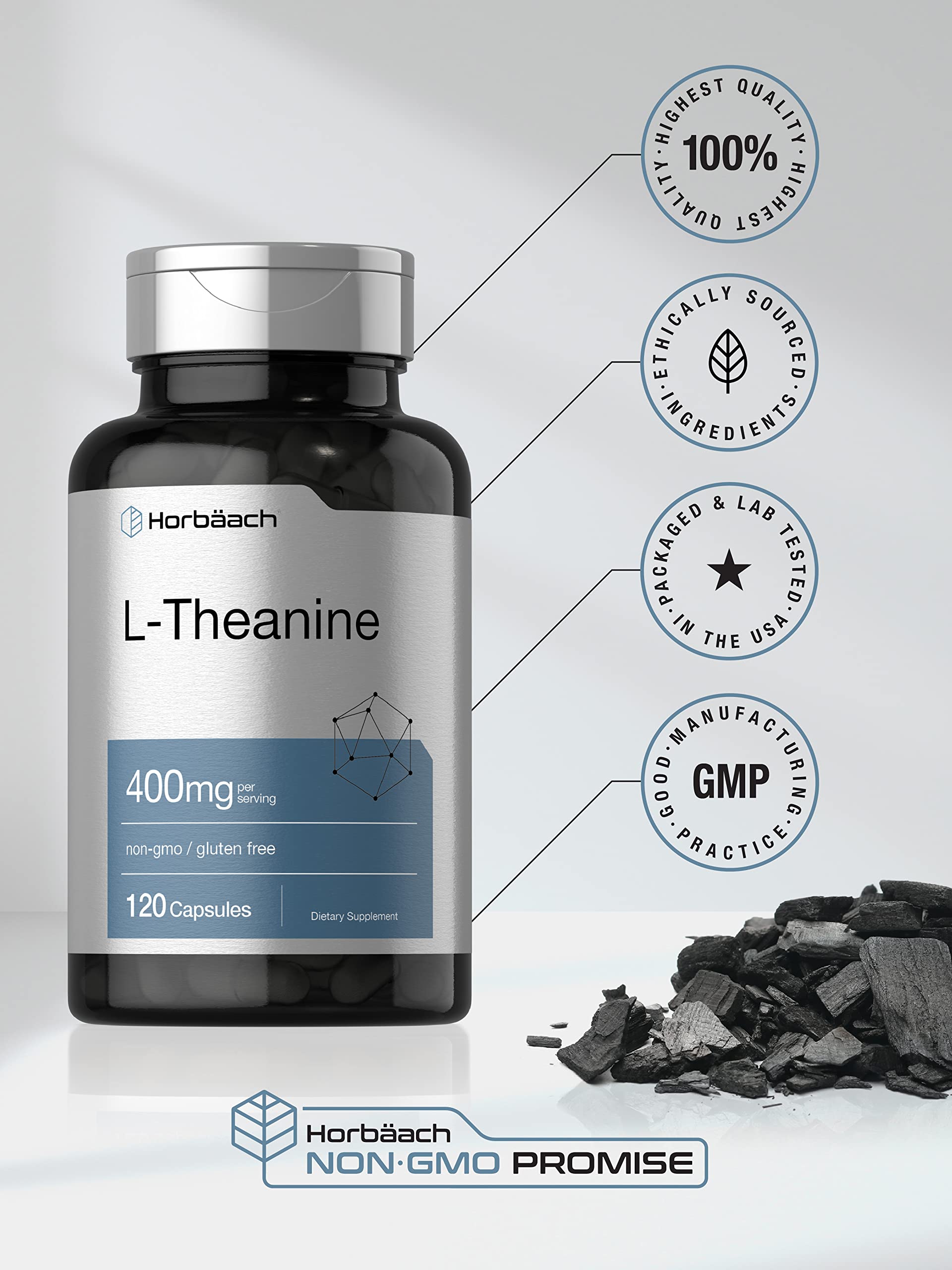 Horbaach L-Theanine Suplemento, envase y caja