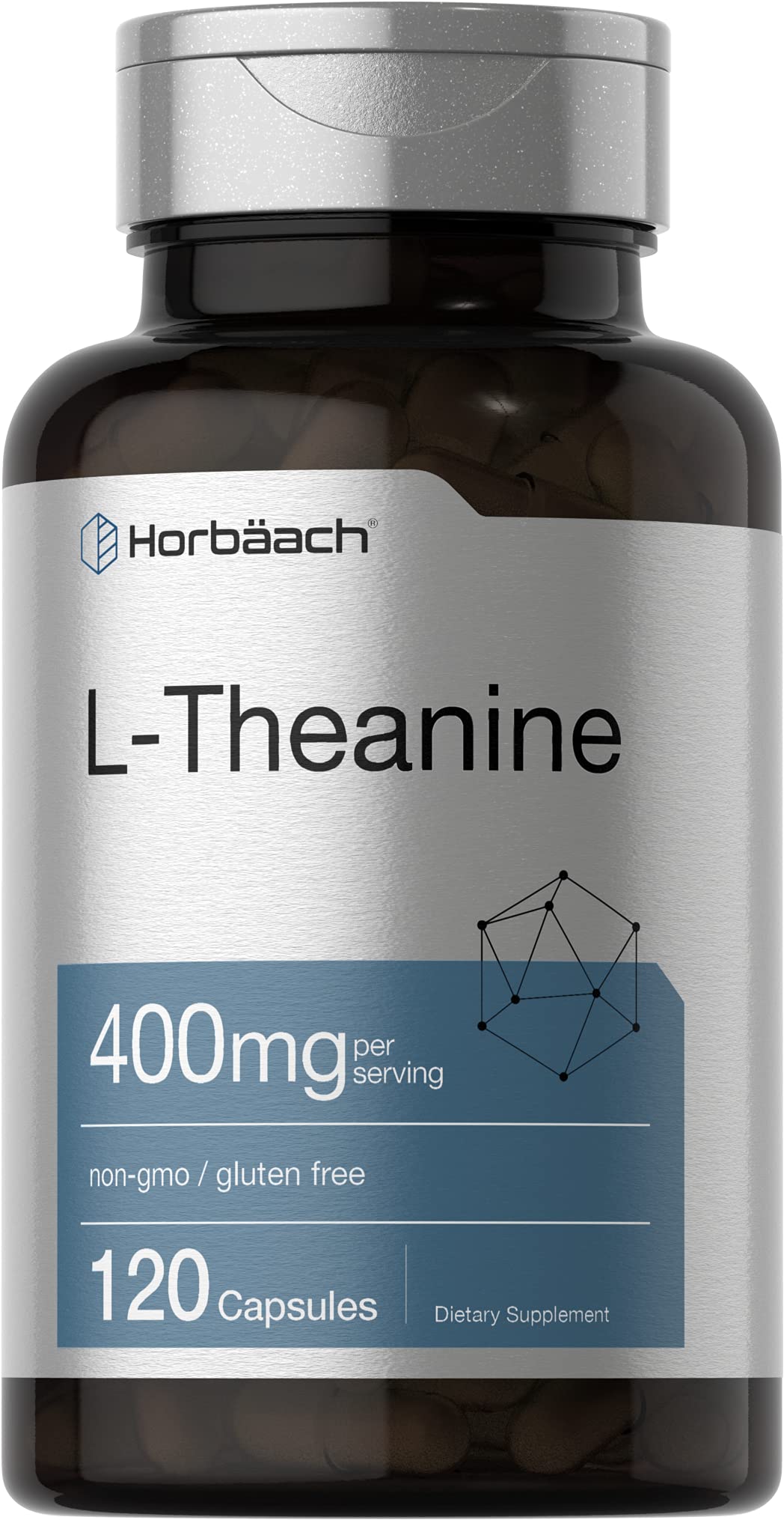 Horbaach L-Theanine Suplemento, botella frontal, posible apoyo a relajación y enfoque