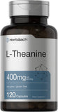 Horbaach L-Theanine Suplemento, botella frontal, posible apoyo a relajación y enfoque