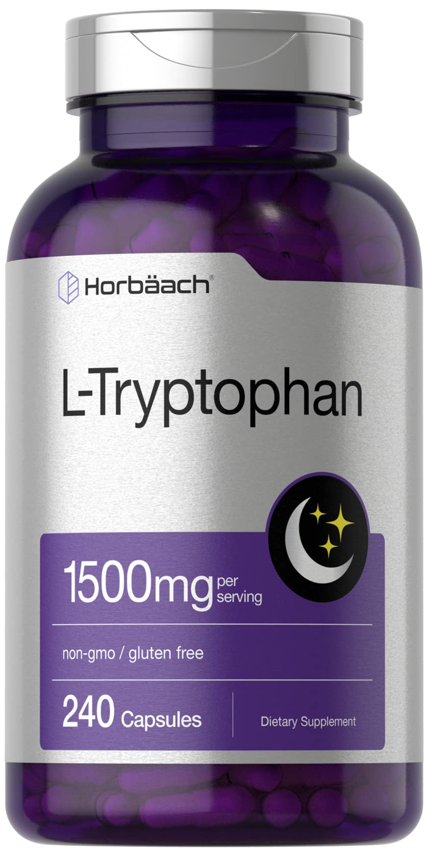 Horbäach L-Triptófano 1500 mg cápsulas en botella para apoyo nocturno