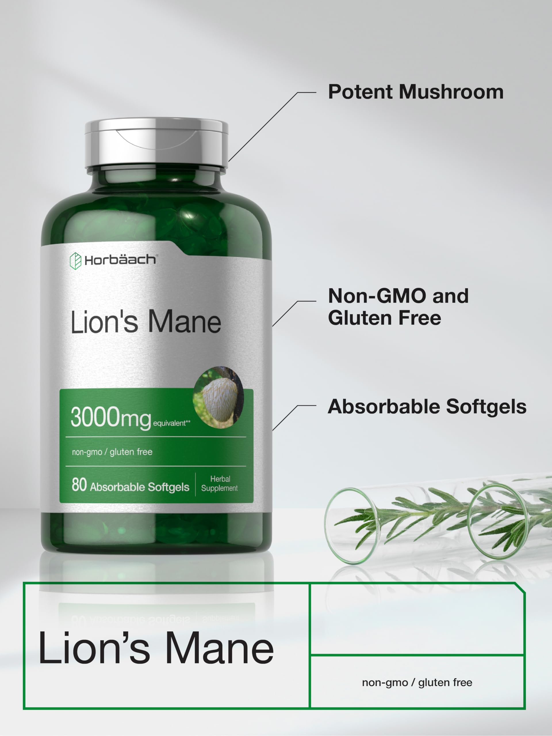 Etiqueta de Horbäach Lions Mane sin gluten y sin GMO para dietas seguras.