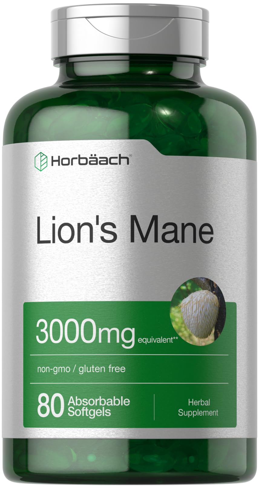 Horbäach Lions Mane softgels en botella, suplemento absorbible para uso diario.