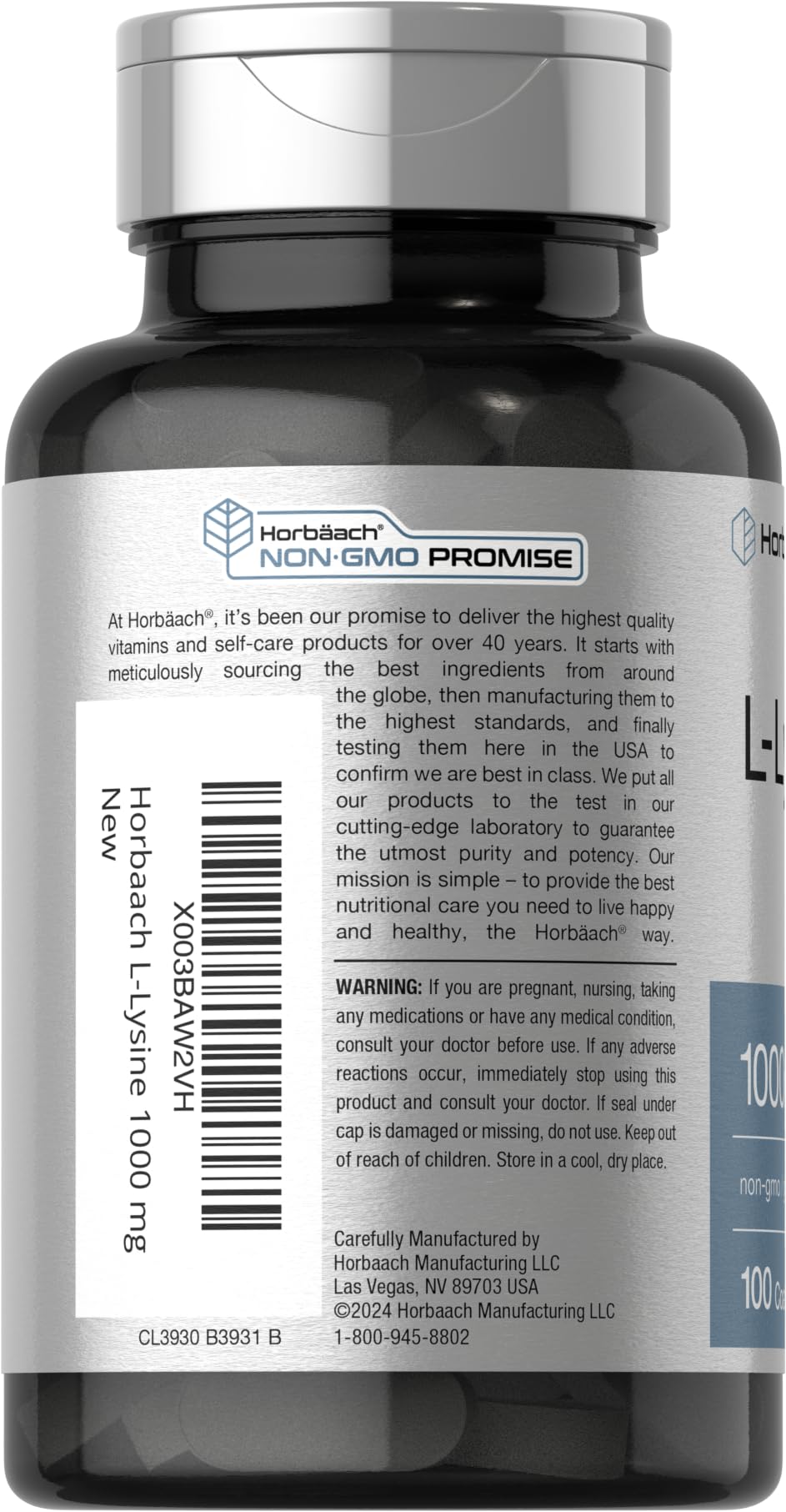 Etiqueta frontal de Horbäach L-Lisina con información clara de ingredientes.