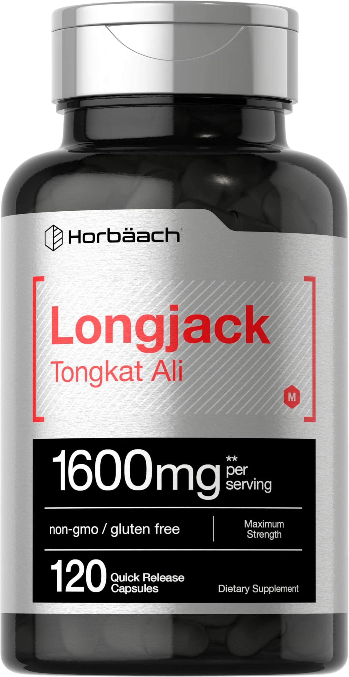 Horbäach Longjack Tongkat Ali: cápsulas en frasco frontal para uso diario.