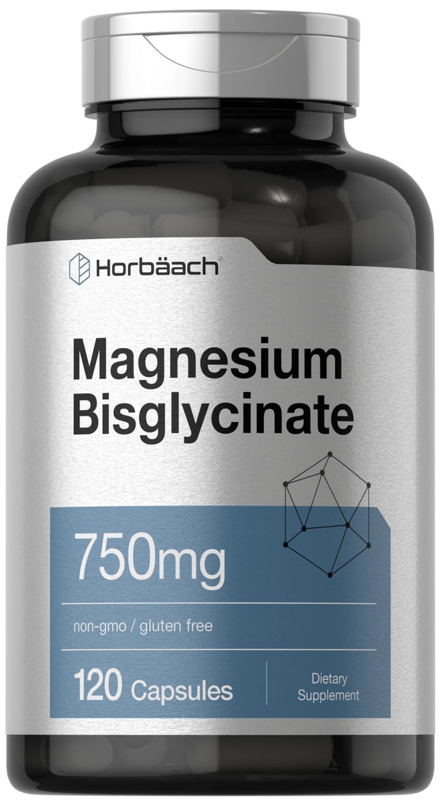 Producto Horbäach Magnesium Bisglycinate, cápsulas de 750 mg para uso diario.